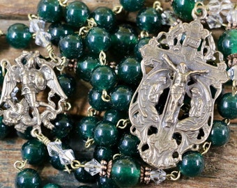 Catholic LARGE BEAD Grade AAA Green Jade Natural Gemstone St Michael Rosary in Bronze