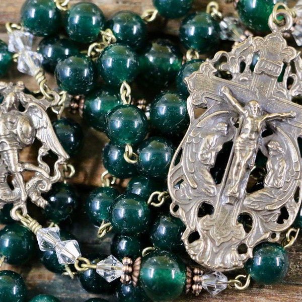 Chapelet catholique Saint-Michel, pierres précieuses naturelles, jade vert de qualité AAA, grosses billes, bronze