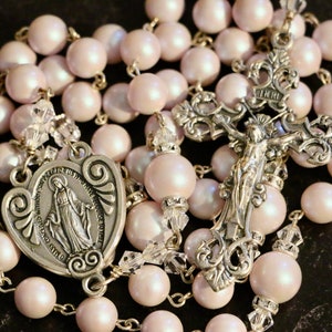Catholic LARGE BEAD Swarovski Iridescent Dreamy Rose Pearl Rosary in Silver
