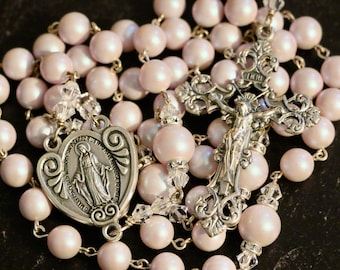 Catholic LARGE BEAD Swarovski Iridescent Dreamy Rose Pearl Rosary in Silver