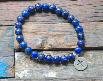 Lapis Lazuli Cross Charm Stretch Bracelet