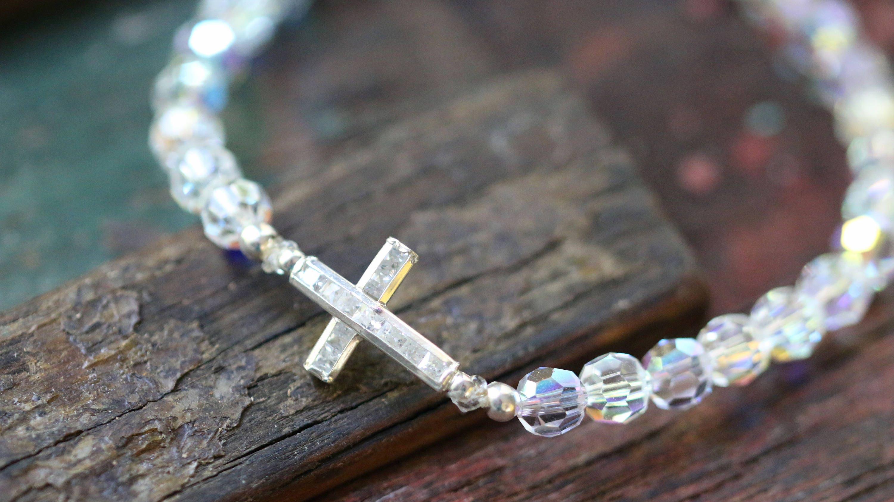 Sterling Silver Small CZ Sideway Cross and Swarovski Crystal Stretch