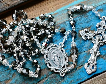 Catholic Swarovski Crystal Silver Night Rosary