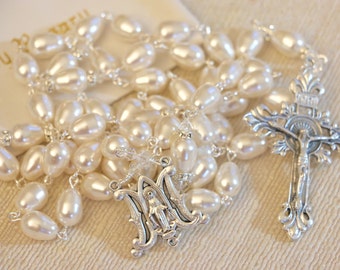 Catholic Swarovski Pearl Large Bead Miraculous Medal Rosary