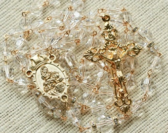 Catholic LARGE BEAD Swarovski Crystal Clear Rosary in Gold