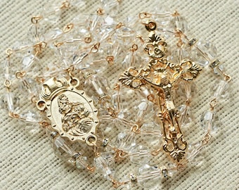 Catholic LARGE BEAD Swarovski Crystal Clear Rosary in Gold