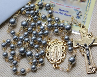 Swarovski Light Gray/Silver Pearls and Gold Rosary