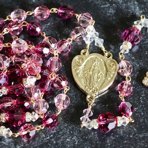 Catholic LARGE BEAD Swarovski Crystal Rosary in Pinks and Gold
