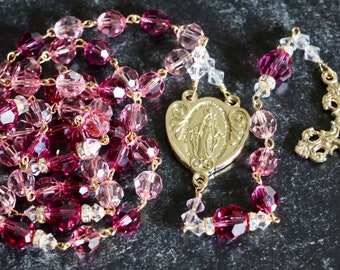 Catholic LARGE BEAD Swarovski Crystal Rosary in Pinks and Gold