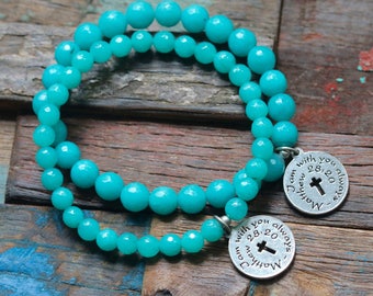 Aqua Blue Jade Stretch Bracelet, Matthew 28:20