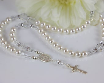 Catholic Rosary Necklace in Swarovski Crystal White Pearls and Sterling Silver