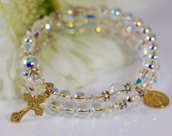 Wrap Rosary Bracelet in Swarovski AB Globe Crystal and Gold
