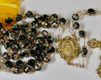 Catholic LARGE BEAD Black Cloisonné and Swarovski Crystal Rosary in Gold