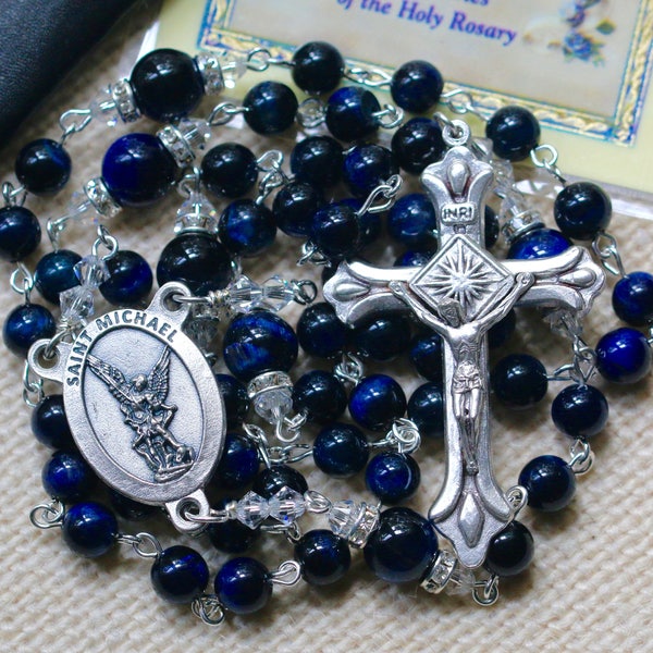 Catholic "Thin Blue Line" St. Michael Lapis Lazuli Blue Tiger Eye Rosary in Silver