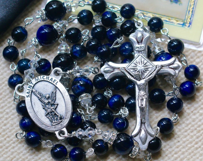 Featured listing image: Catholic "Thin Blue Line" St. Michael Lapis Lazuli Blue Tiger Eye Rosary in Silver