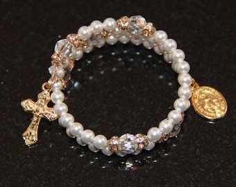 Baby Catholic Swarovski Crystal and Pearl Rosary Bracelet