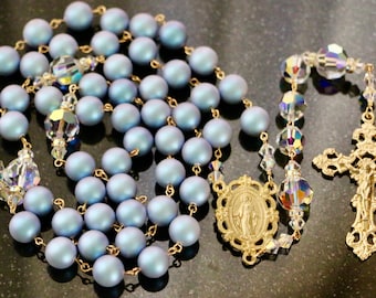 Catholic X-LARGE BEAD Swarovski Iridescent Light Blue Crystal Pearl and AB Crystal Rosary in Gold