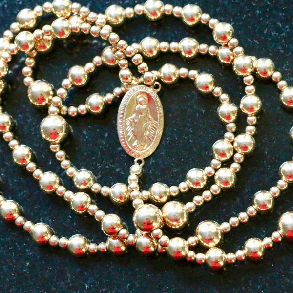 14K Yellow Gold Miraculous Medal Cross Rosary Necklace - 16.5 In