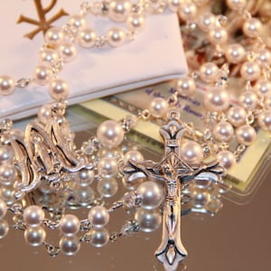 Catholic Swarovski White Pearl Rosary