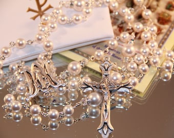 Catholic Swarovski White Pearl Rosary