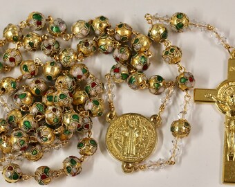 Catholic LARGE BEAD Gold Cloisonné and Swarovski Crystal St Benedict Rosary in Gold