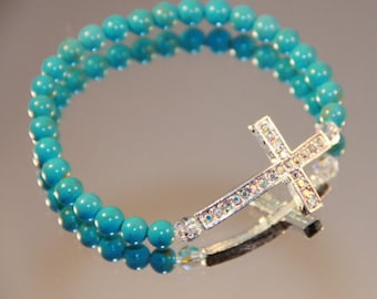 Turquoise and Rhinestone Sideways Cross Bracelet