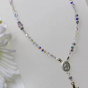 Swarovski AB Crystal Catholic Rosary Necklace in Sterling Silver