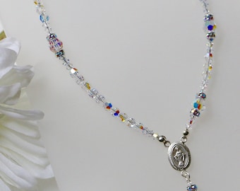 Swarovski AB Crystal Catholic Rosary Necklace in Sterling Silver