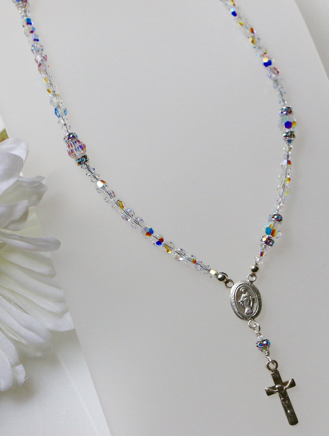 Swarovski AB Crystal Catholic Rosary Necklace in Sterling Silver Etsy Australia