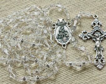 Catholic LARGE BEAD Swarovski Crystal Clear Rosary in Silver