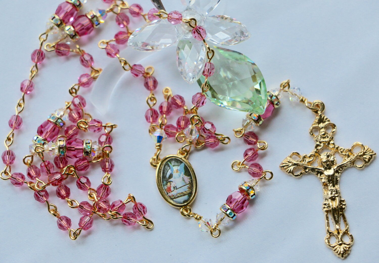 Swarovski SMALL Bead Pink and Gold Guardian Angel Rosary in Gold