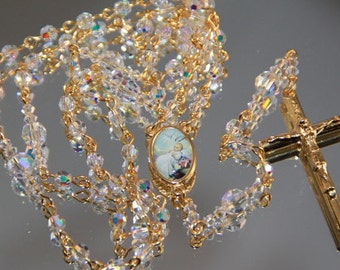 Catholic SMALL Bead  Baptism Rosary in AB Swarovski Crystal and Gold