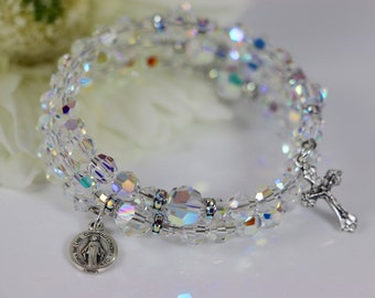 Wrap Rosary Bracelet in Swarovski AB Crystal and Silver