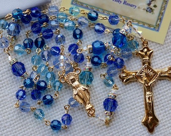 Catholic Swarovski Madonna Blues Rosary in Gold