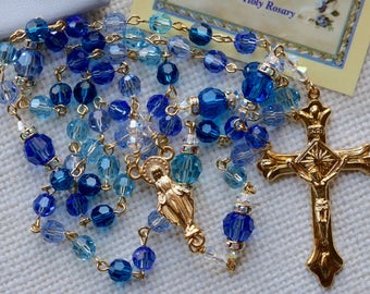 Catholic Swarovski Madonna Blues Rosary in Gold