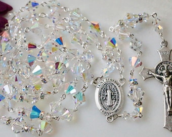 Catholic LARGE Bead Swarovski Crystal AB Bicone St. Benedict Rosary