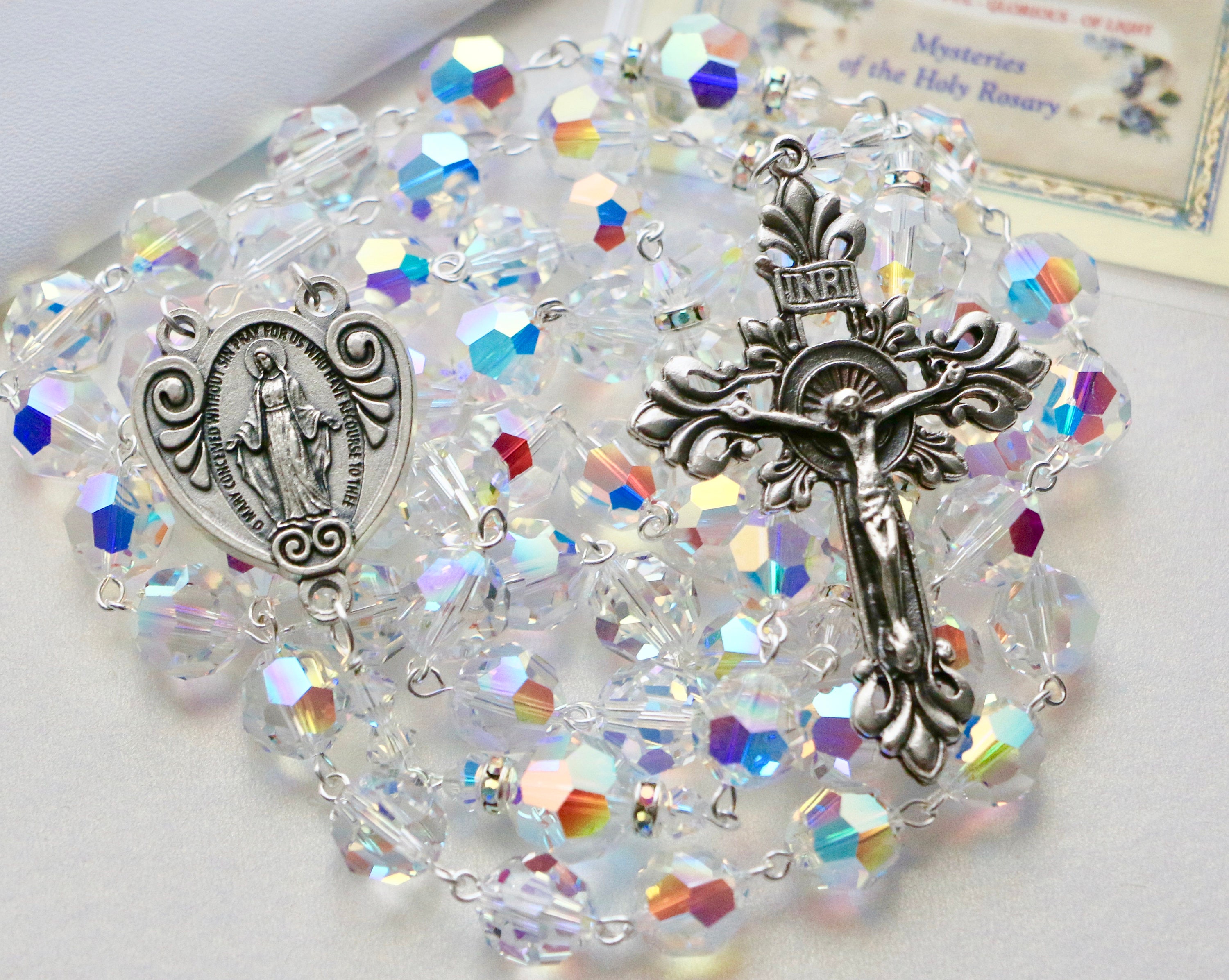 Rosary Beads, Ornate Crucifix, Blessed Mother Centerpiece, 5MM Swarovski  Crystal Beads