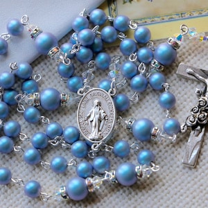 Catholic Swarovski Iridescent Light Blue Crystal Pearl St Theresa Roses Rosary