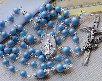 Catholic Swarovski Iridescent Light Blue Crystal Pearl St Theresa Roses Rosary