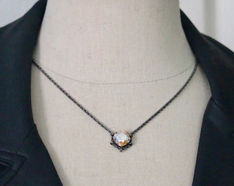 Swarovski 12mm Light Topaz Shimmer Square Hematite Cradle Necklace