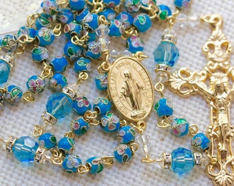 Catholic Blue Cloisonné and Swarovski Crystal Rosary in Gold
