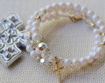 Wrap Rosary Bracelet in Pearlescent White Pearls, AB Crystal and Gold