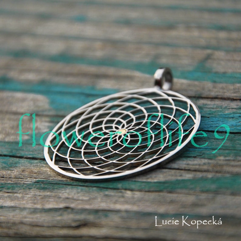 May include: A silver pendant in the shape of a flower of life design. The pendant has a small gold dot in the center.