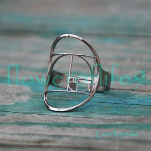 Könnte beinhalten: Ein silberner Ring mit einem geometrischen Design, das von der Fibonacci-Sequenz inspiriert ist. Der Ring ist aus Metall und hat eine polierte Oberfläche.