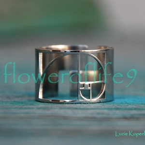 May include: A silver ring with a geometric design inspired by the Fibonacci sequence. The ring is made of metal and has a polished finish.