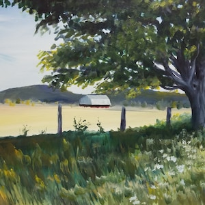 May include: A painting of a field with a red barn in the distance, a large tree in the foreground, and a wooden fence.