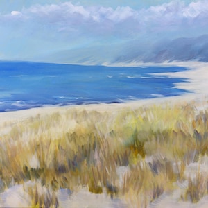 May include: An oil painting depicts a serene beach scene. The artwork features a bright blue ocean meeting a sandy shore, with tall, golden grasses in the foreground. The sky is a light blue with fluffy white clouds, creating a peaceful coastal landscape.