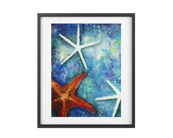 Framed Starfish Artwork Print - Coastal Beach House, Beach Cottage Decor, Ocean Art, Sea Life Art