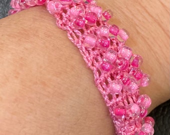 OOAK pink crochet bracelet pink beaded bling wristband slip on jewelry small