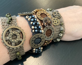 Steampunk armband beaded slip on gears wrist arm band size small medium large